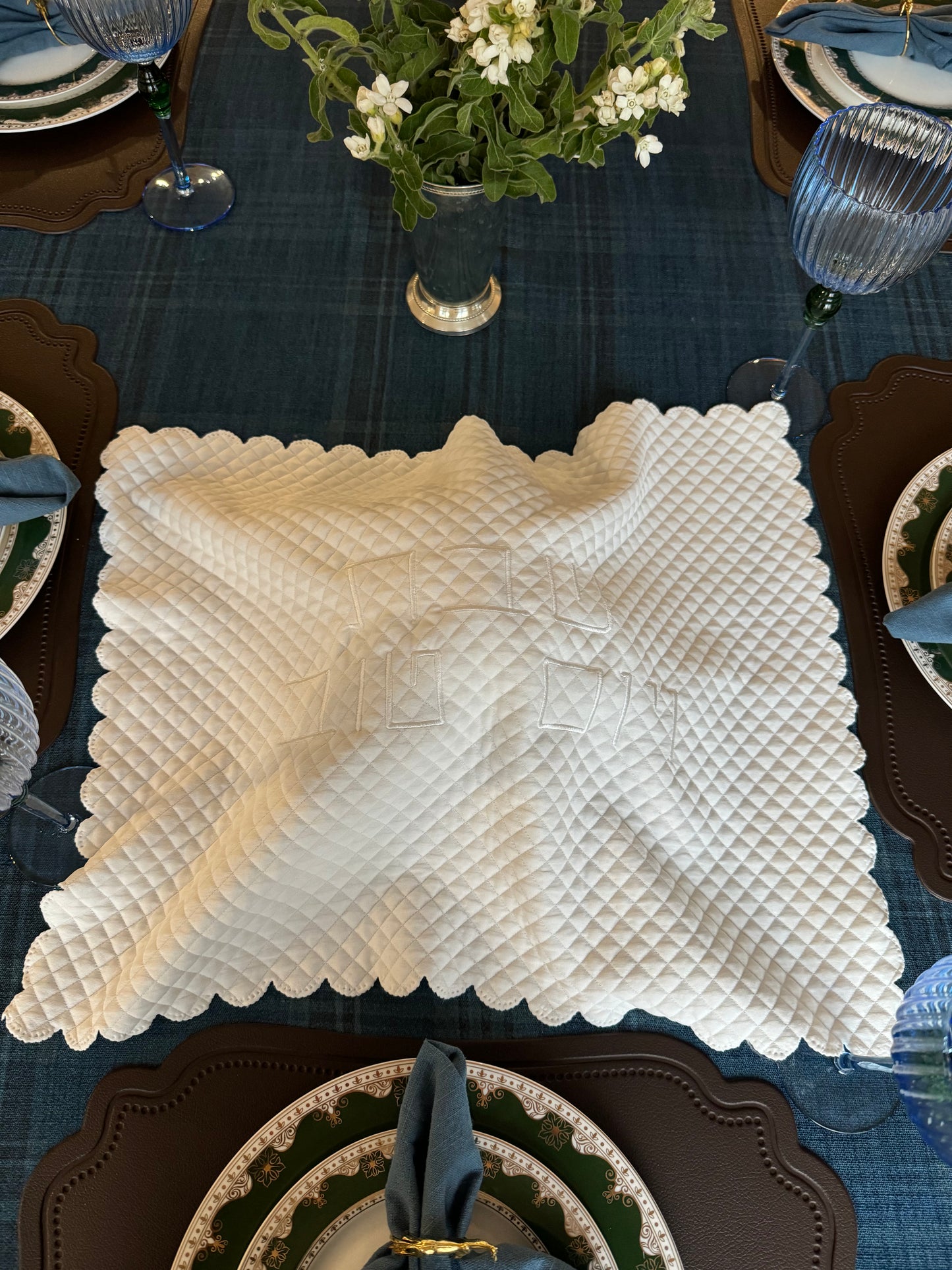 Scalloped Quilted White Challah Cover